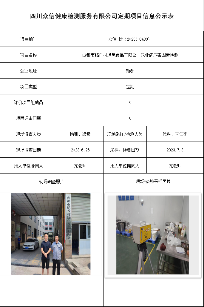 成都市稻香村绿色食品有限公司职业病危害因素检测