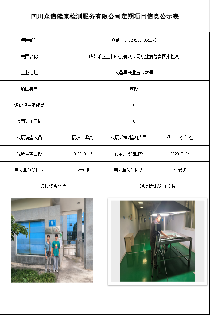 成都禾正生物科技有限公司职业病危害因素检测