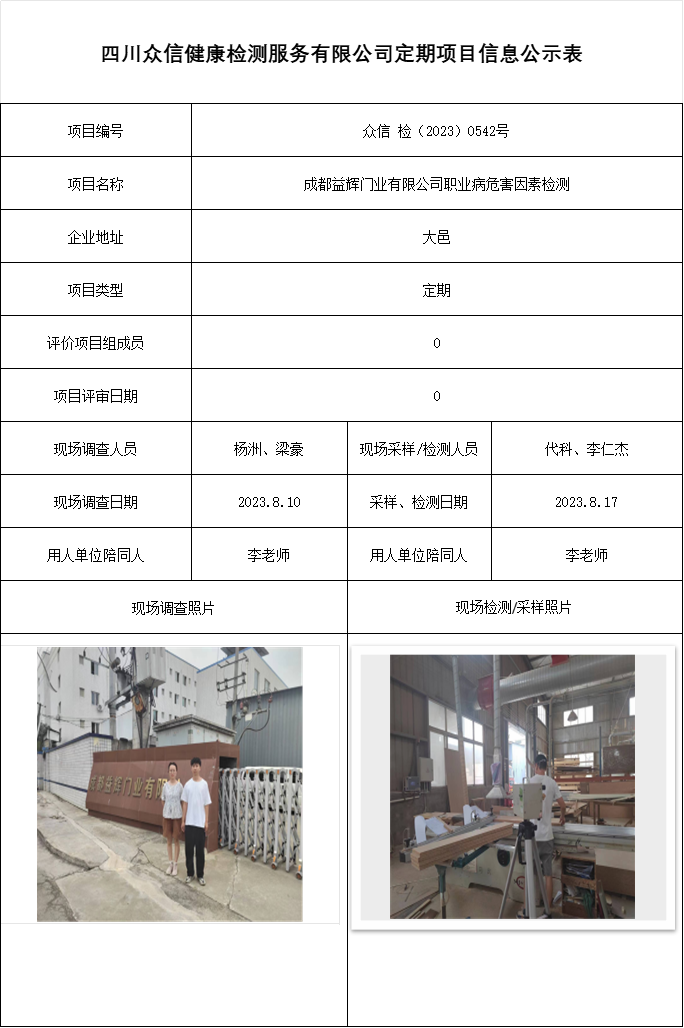 成都益辉门业有限公司职业病危害因素检测