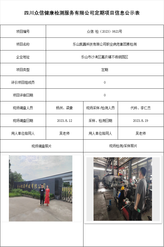 乐山凯赢科技有限公司职业病危害因素检测