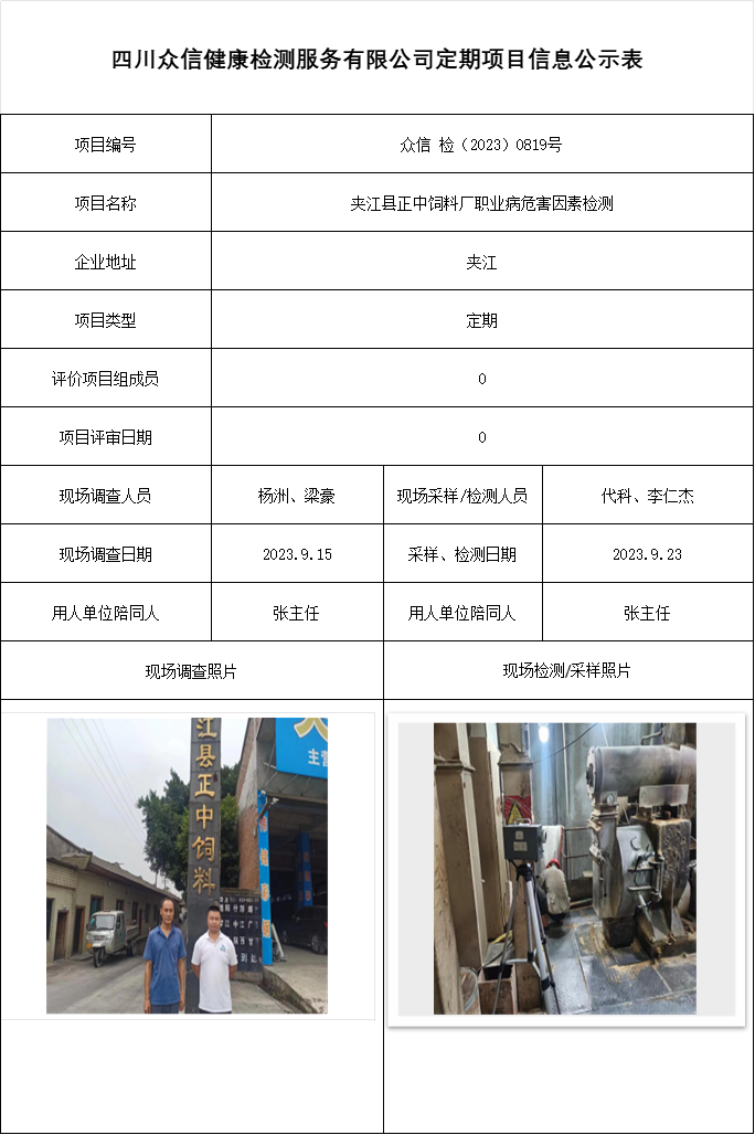夹江县正中饲料厂职业病危害因素检测