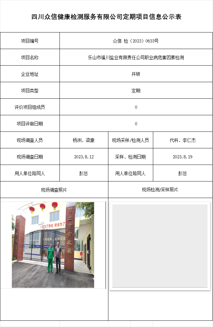 乐山市福川盐业有限责任公司职业病危害因素检测