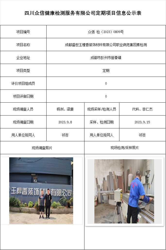 成都盛世玉檀香装饰材料有限公司职业病危害因素检测