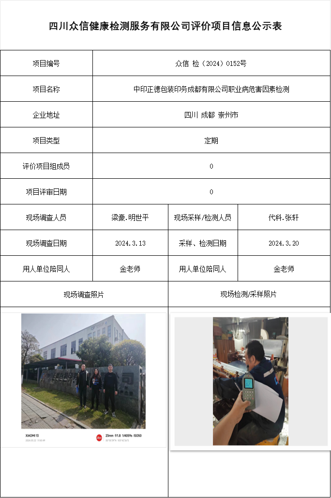 中印正德包装印务成都有限公司职业病危害因素检测