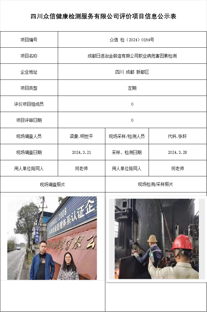 成都日进冶金锻造有限公司职业病危害因素检测