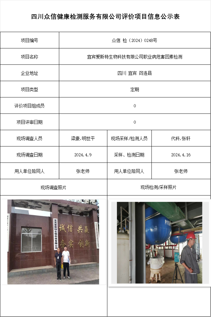 宜宾爱斯特生物科技有限公司职业病危害因素检测