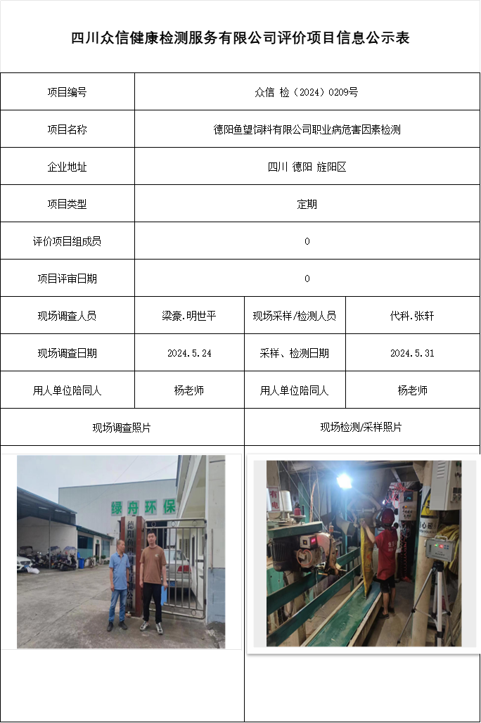 德阳鱼望饲料有限公司职业病危害因素检测