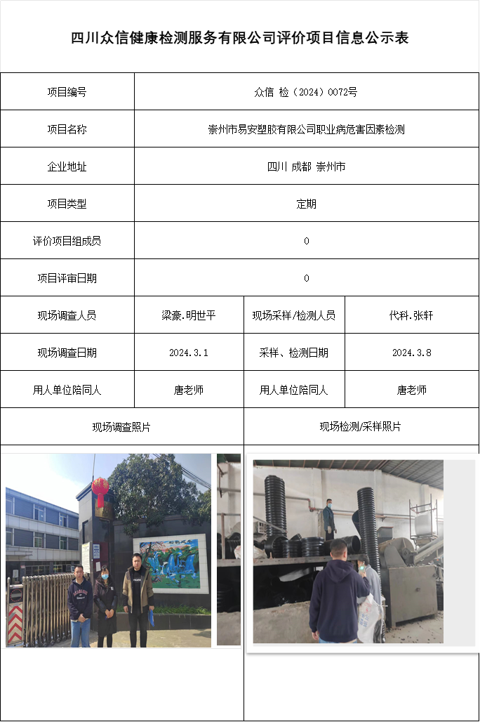 崇州市易安塑胶有限公司职业病危害因素检测