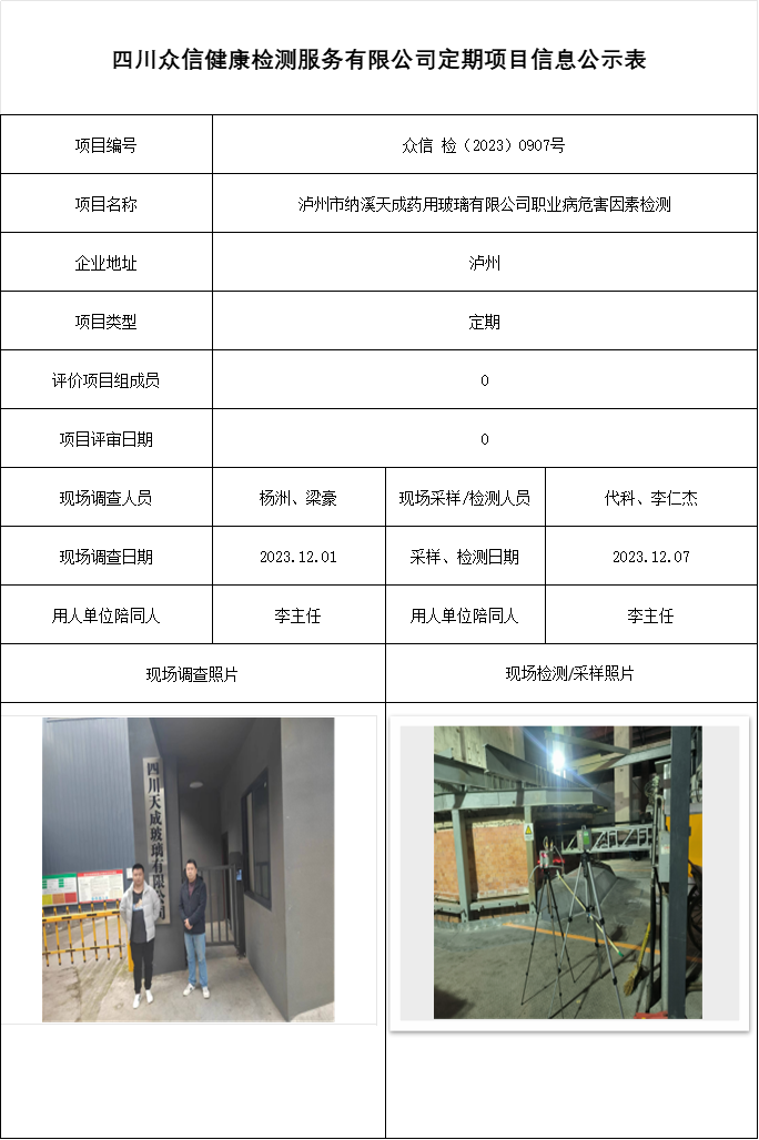 泸州市纳溪天成药用玻璃有限公司职业病危害因素检测