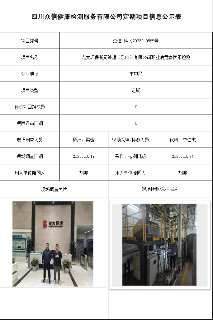 光大环保餐厨处理（乐山）有限公司职业病危害因素检测