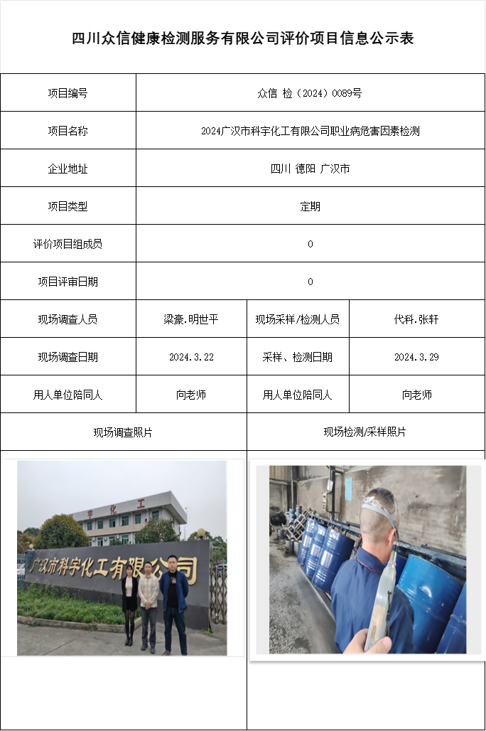2024广汉市科宇化工有限公司职业病危害因素检测