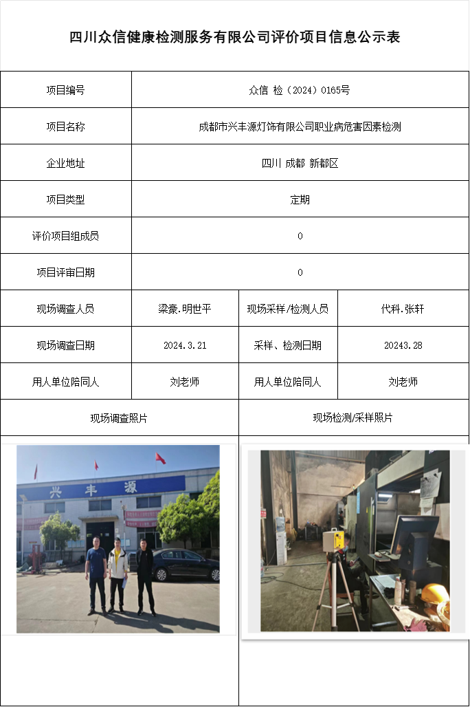 成都市兴丰源灯饰有限公司职业病危害因素检测
