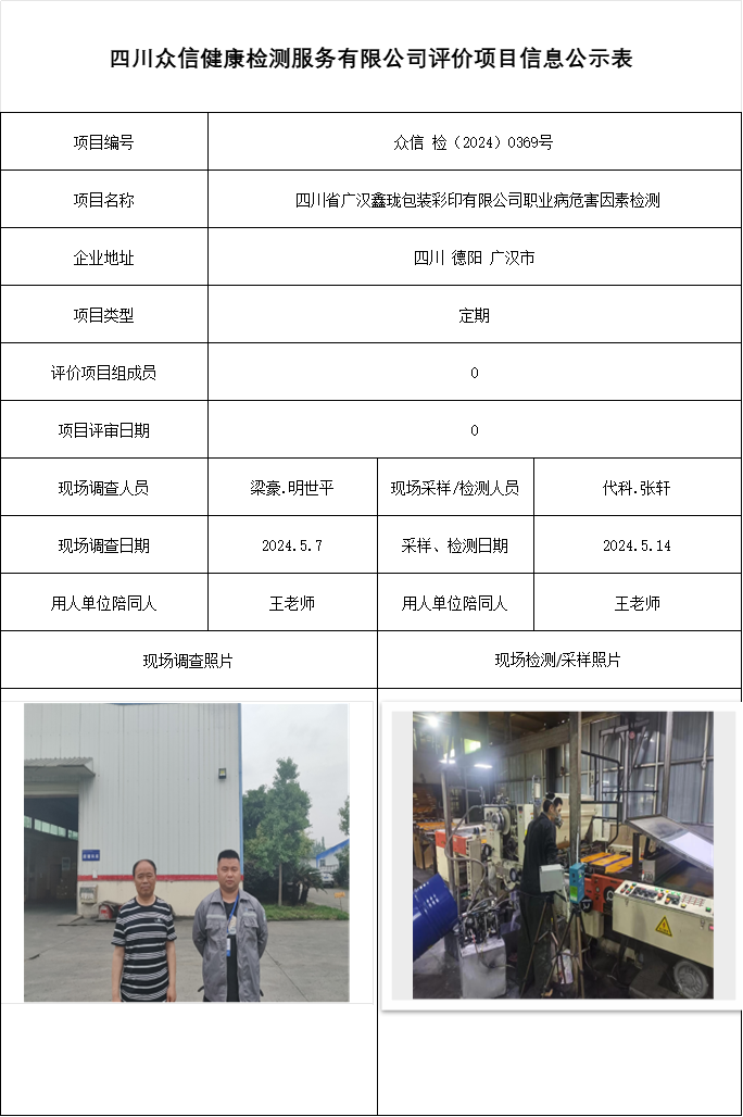  四川省广汉鑫珑包装彩印有限公司职业病危害因素检测