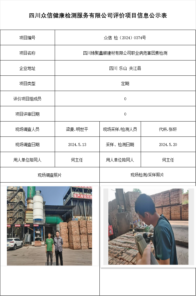 四川缘聚鑫顺建材有限公司职业病危害因素检测