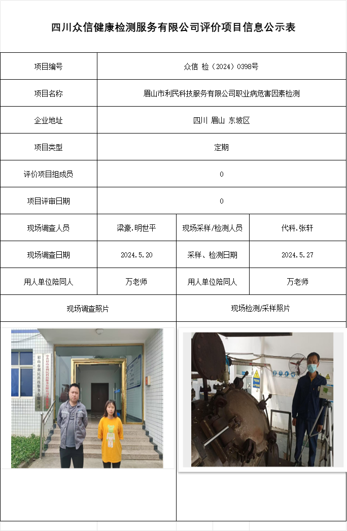 眉山市利民科技服务有限公司职业病危害因素检测