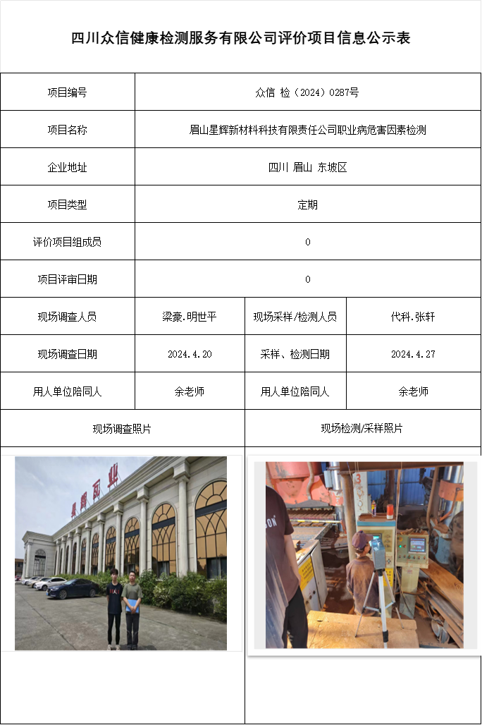 眉山星辉新材料科技有限责任公司职业病危害因素检测