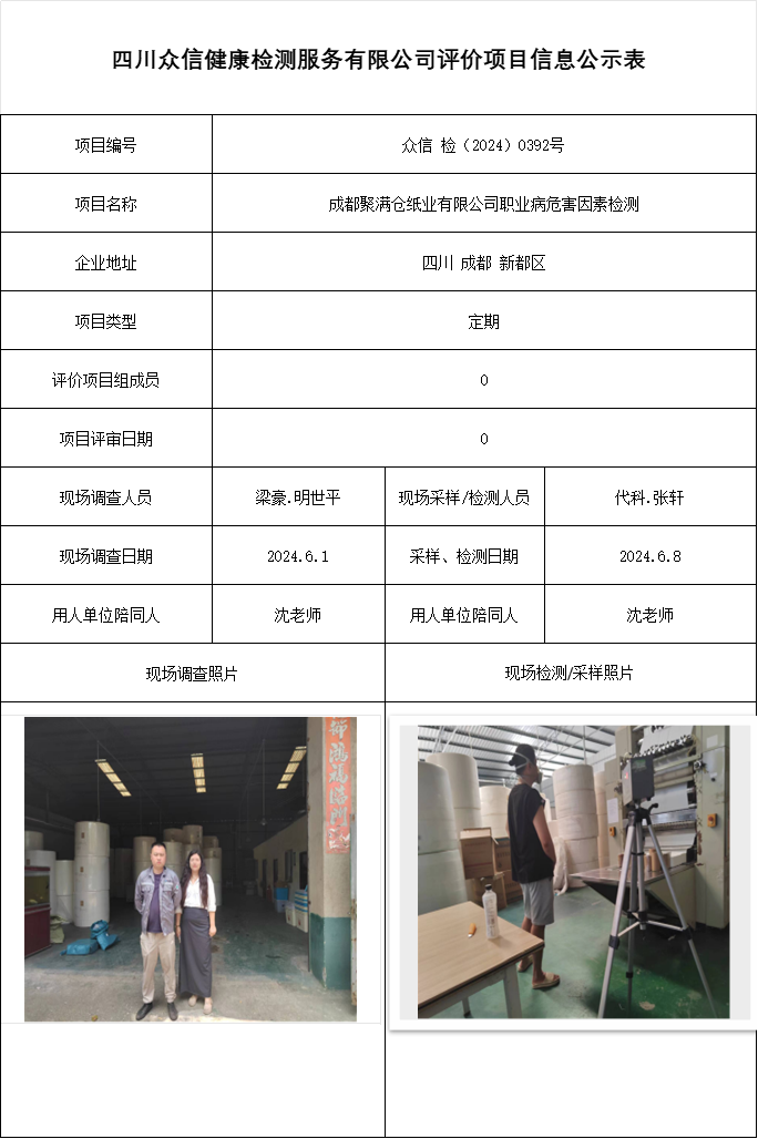 成都聚满仓纸业有限公司职业病危害因素检测