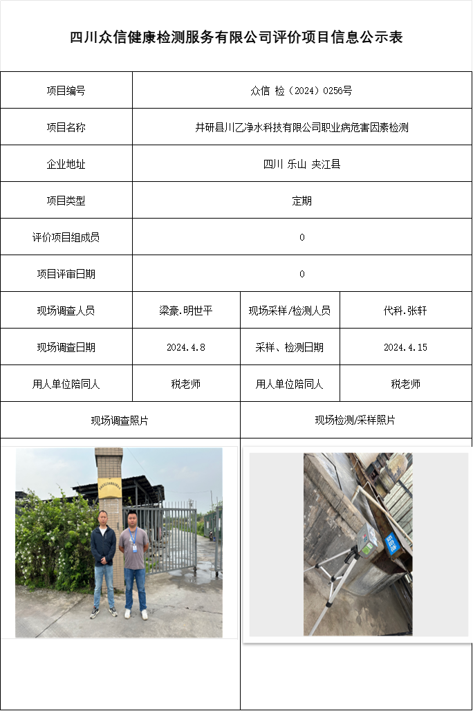 井研县川乙净水科技有限公司职业病危害因素检测