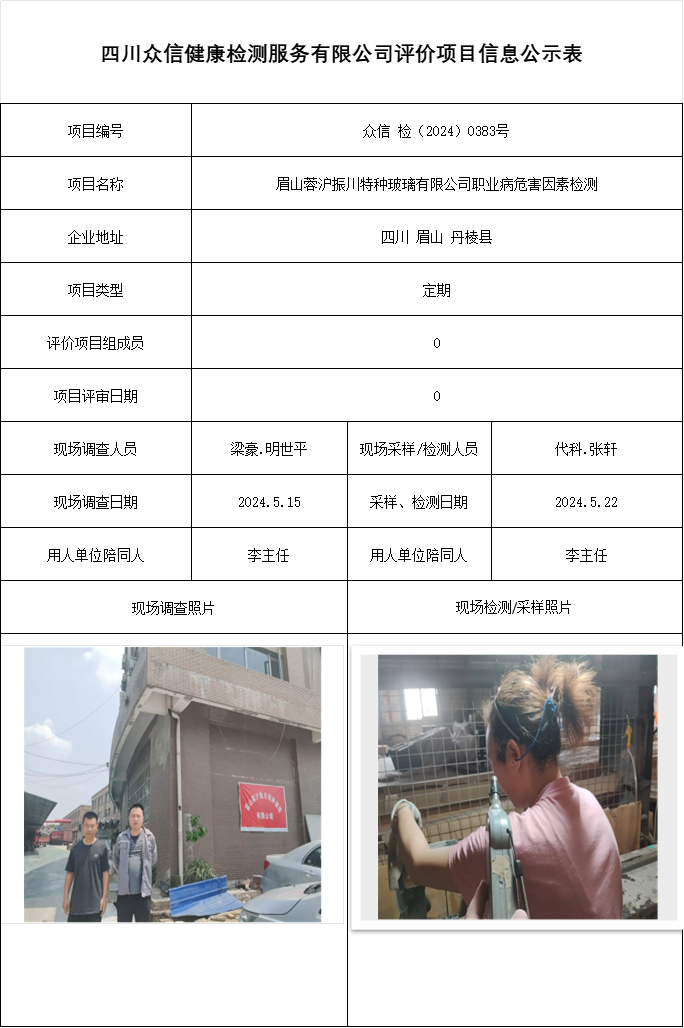 眉山蓉沪振川特种玻璃有限公司职业病危害因素检测