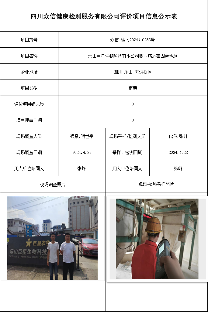乐山巨星生物科技有限公司职业病危害因素检测