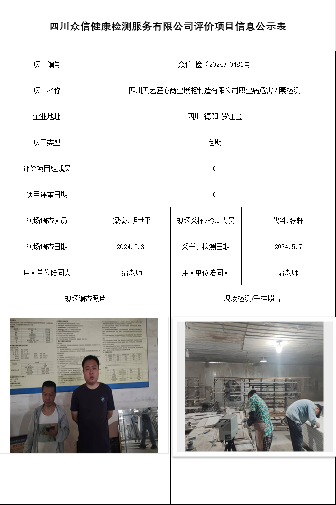 四川天艺匠心商业展柜制造有限公司职业病危害因素检测