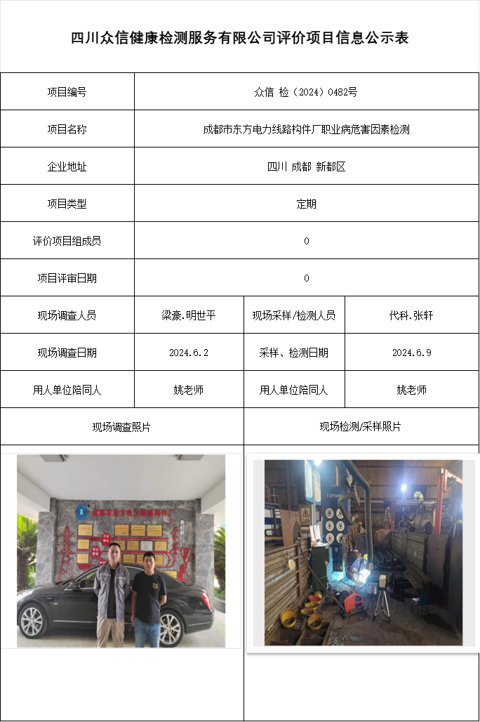 成都市东方电力线路构件厂职业病危害因素检测