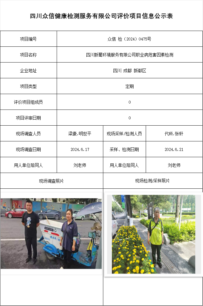 四川新蜀环境服务有限公司职业病危害因素检测