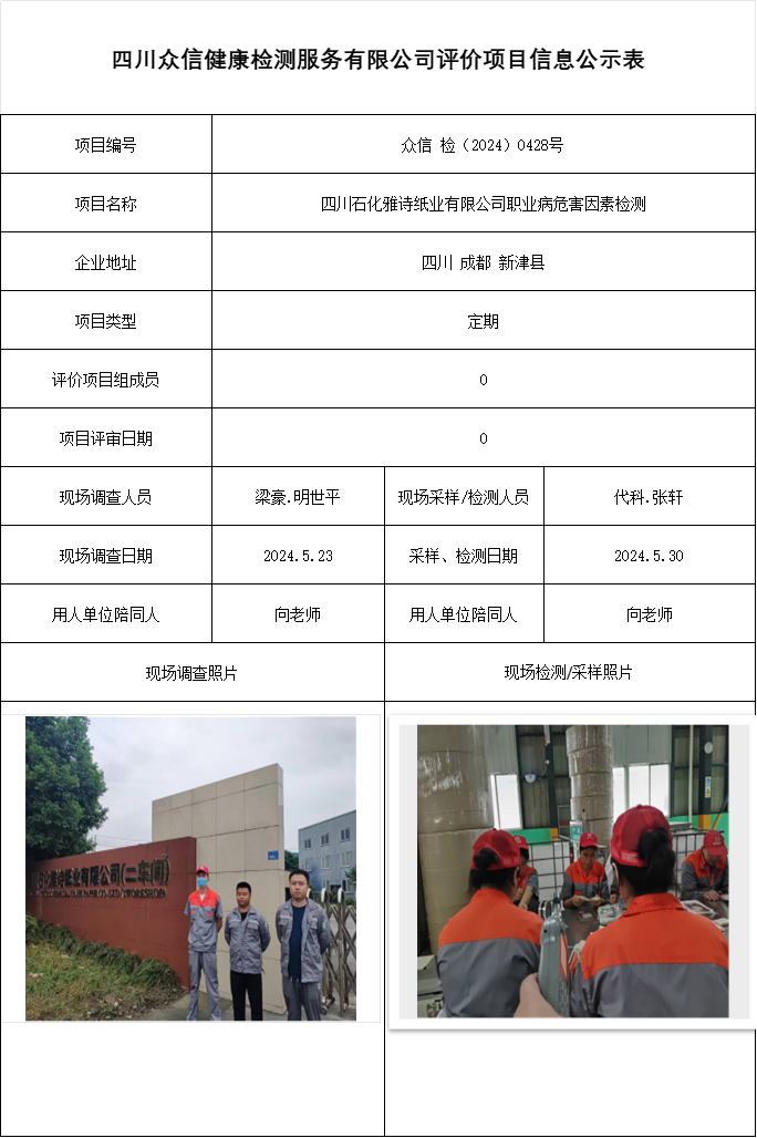 四川石化雅诗纸业有限公司职业病危害因素检测