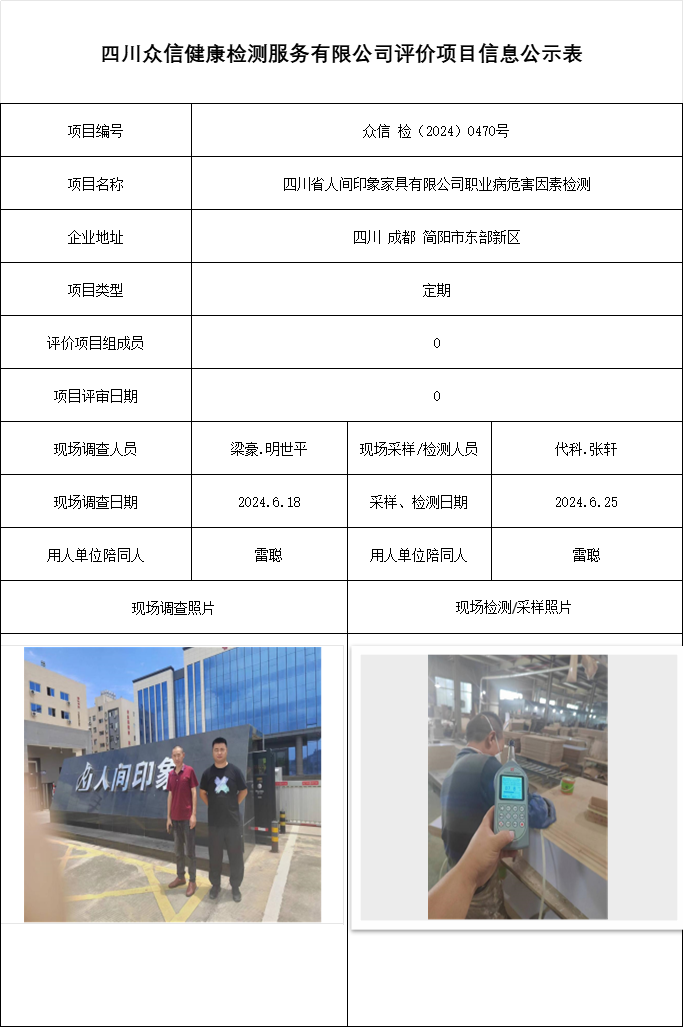 四川省人间印象家具有限公司职业病危害因素检测