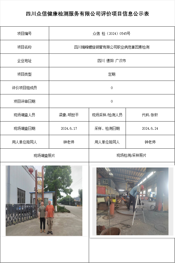 四川瑞峰螺旋钢管有限公司职业病危害因素检测