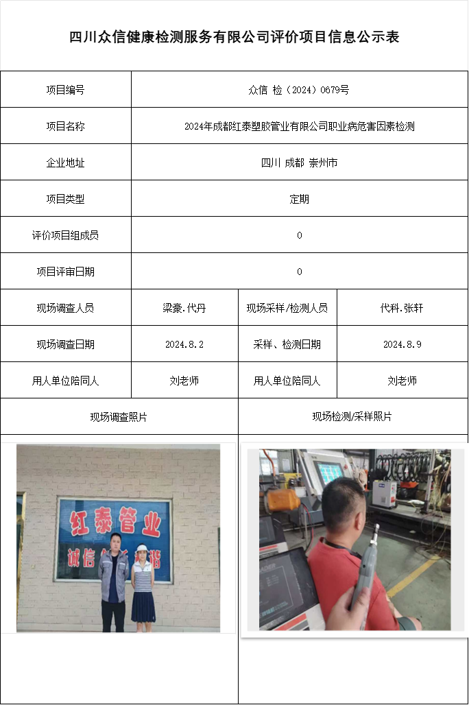 2024年成都红泰塑胶管业有限公司职业病危害因素检测