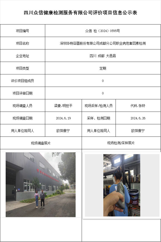深圳华特容器股份有限公司成都分公司职业病危害因素检测