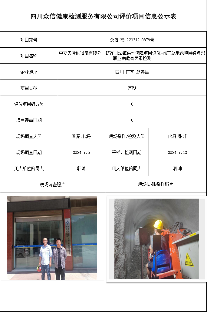 中交天津航道局有限公司筠连县城镇供水保障项目设施-施工总承包项目经理部职业病危害