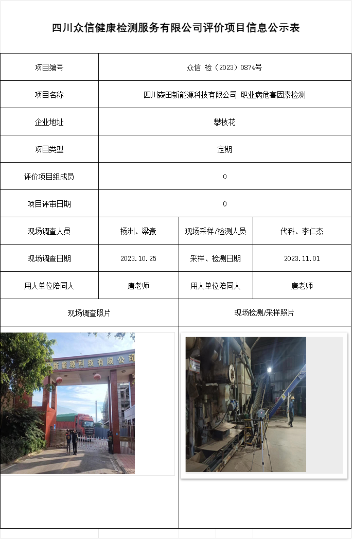 四川森田新能源科技有限公司 职业病危害因素检测