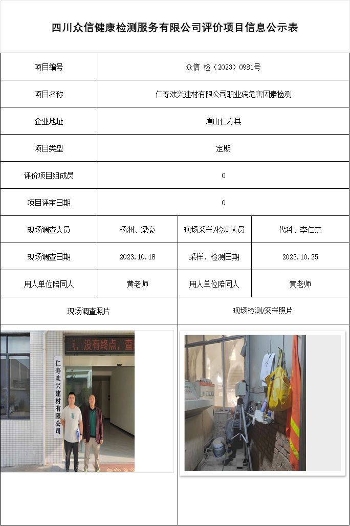 仁寿欢兴建材有限公司职业病危害因素检测