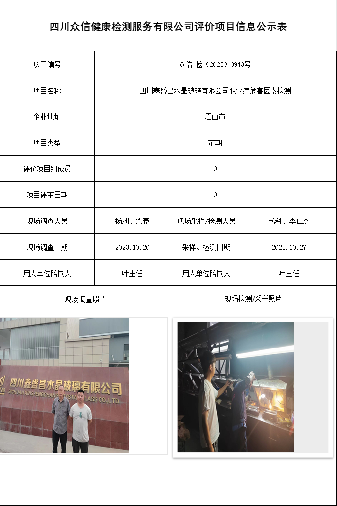 四川鑫盛昌水晶玻璃有限公司职业病危害因素检测