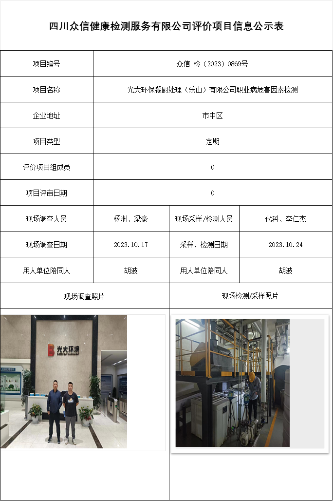 光大环保餐厨处理（乐山）有限公司职业病危害因素检测
