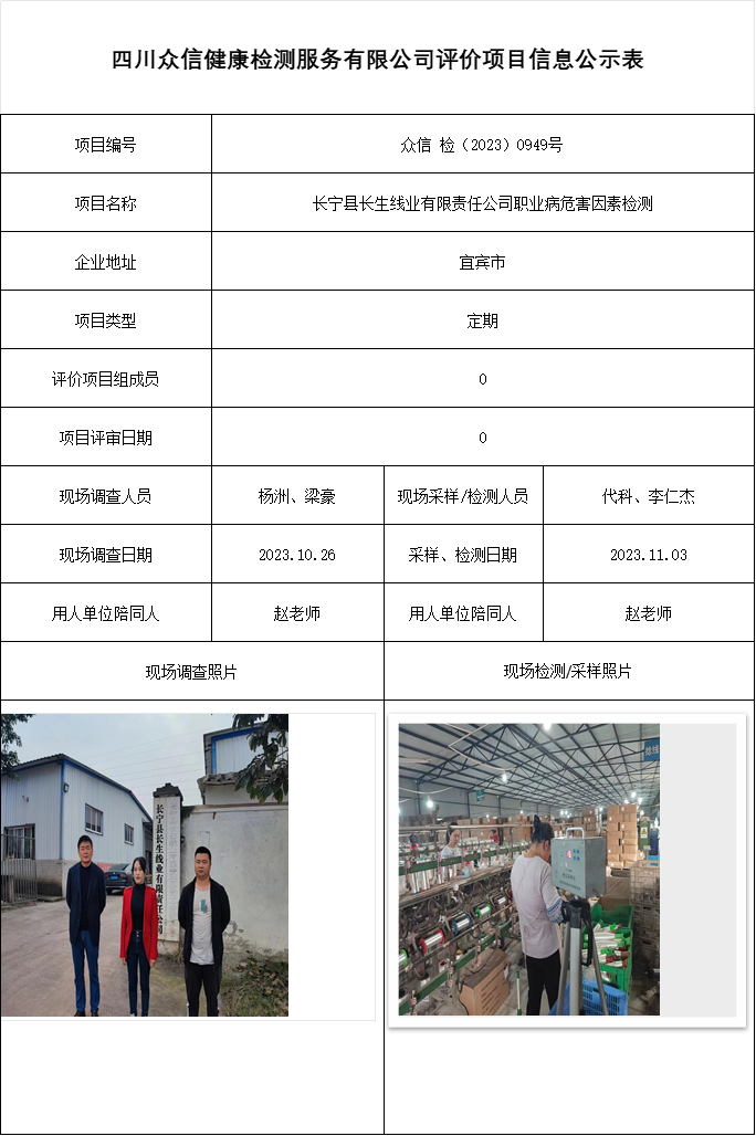 长宁县长生线业有限责任公司职业病危害因素检测