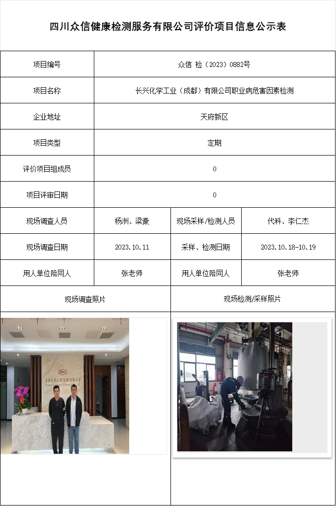 长兴化学工业（成都）有限公司职业病危害因素检测