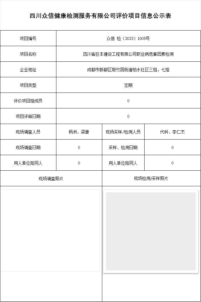 四川省巨丰建设工程有限公司职业病危害因素检测
