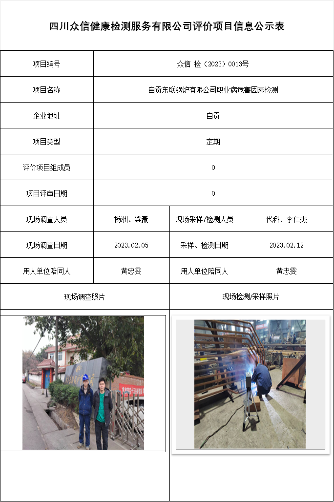 自贡东联锅炉有限公司职业病危害因素检测