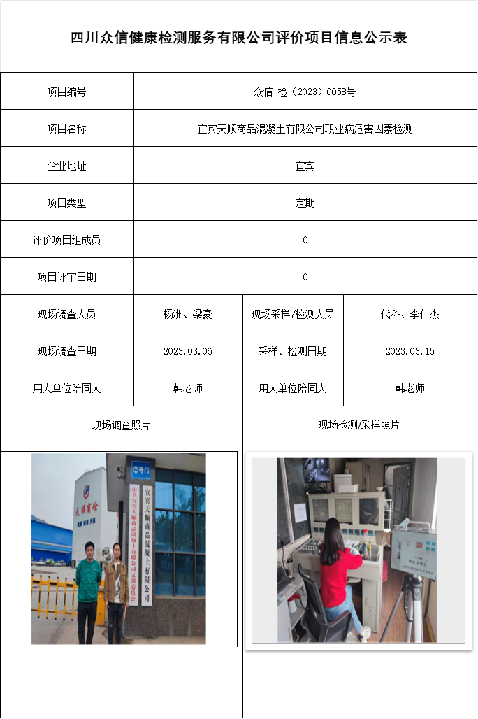 宜宾天顺商品混凝土有限公司职业病危害因素检测
