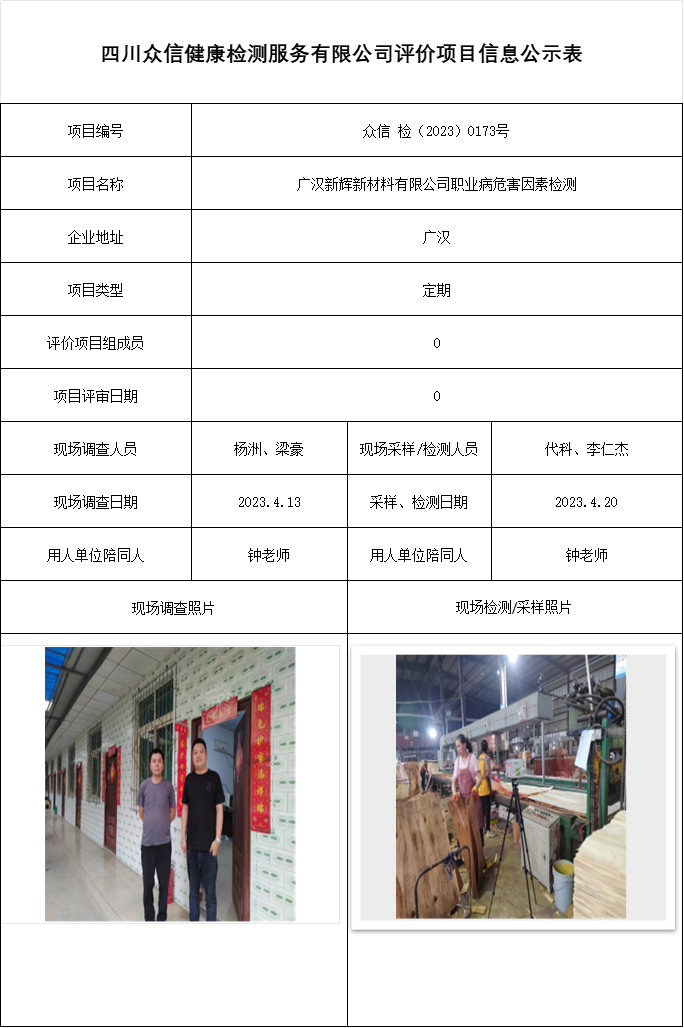 广汉新辉新材料有限公司职业病危害因素检测