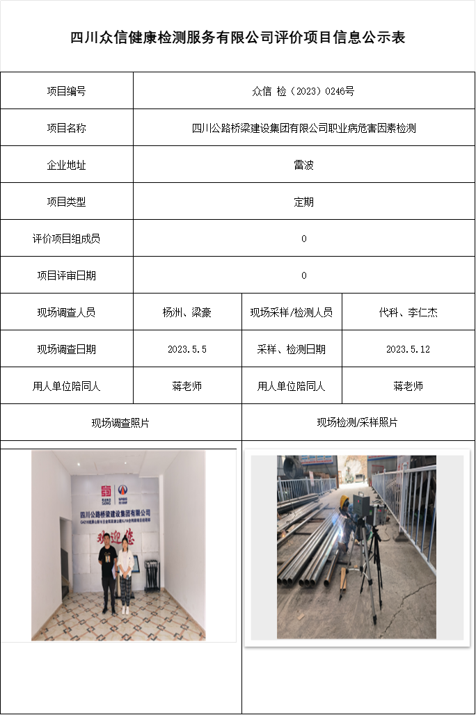 四川公路桥梁建设集团有限公司职业病危害因素检测