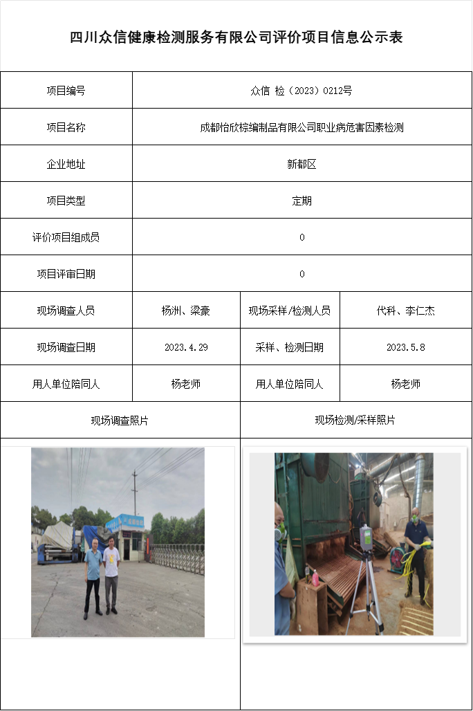 成都怡欣棕编制品有限公司职业病危害因素检测