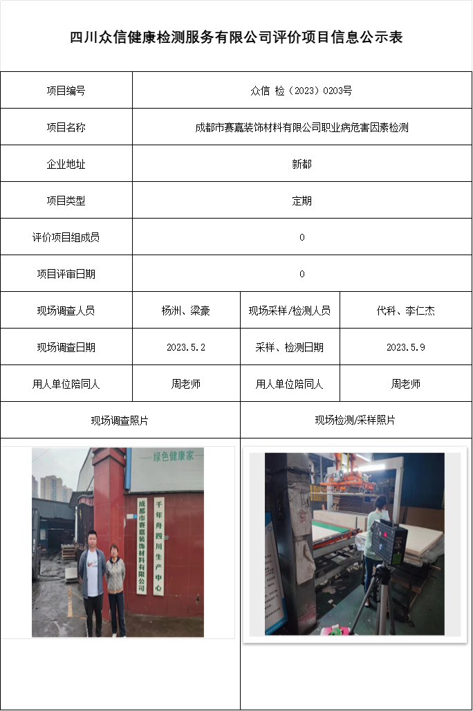 成都市赛嘉装饰材料有限公司职业病危害因素检测