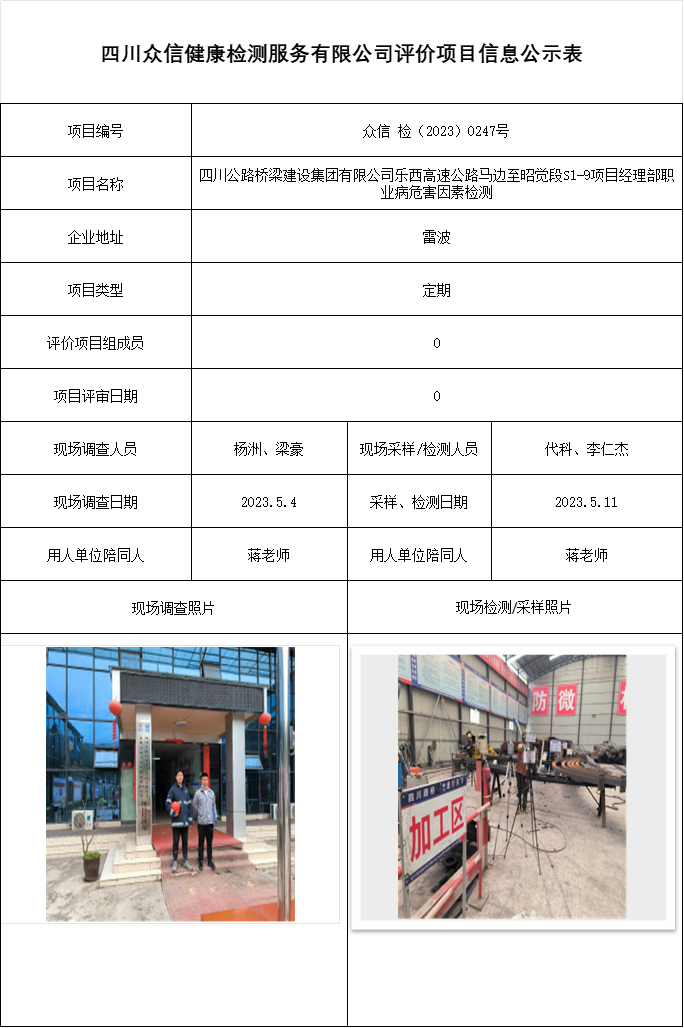 四川公路桥梁建设集团有限公司乐西高速公路马边至昭觉段S1-9项目经理部职业病危害