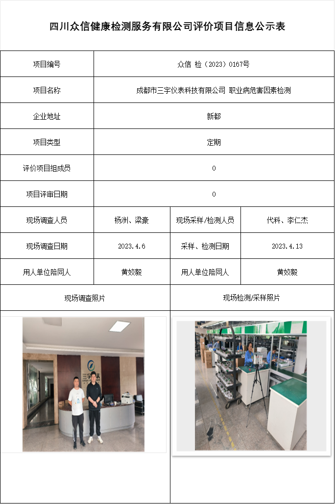 成都市三宇仪表科技有限公司 职业病危害因素检测