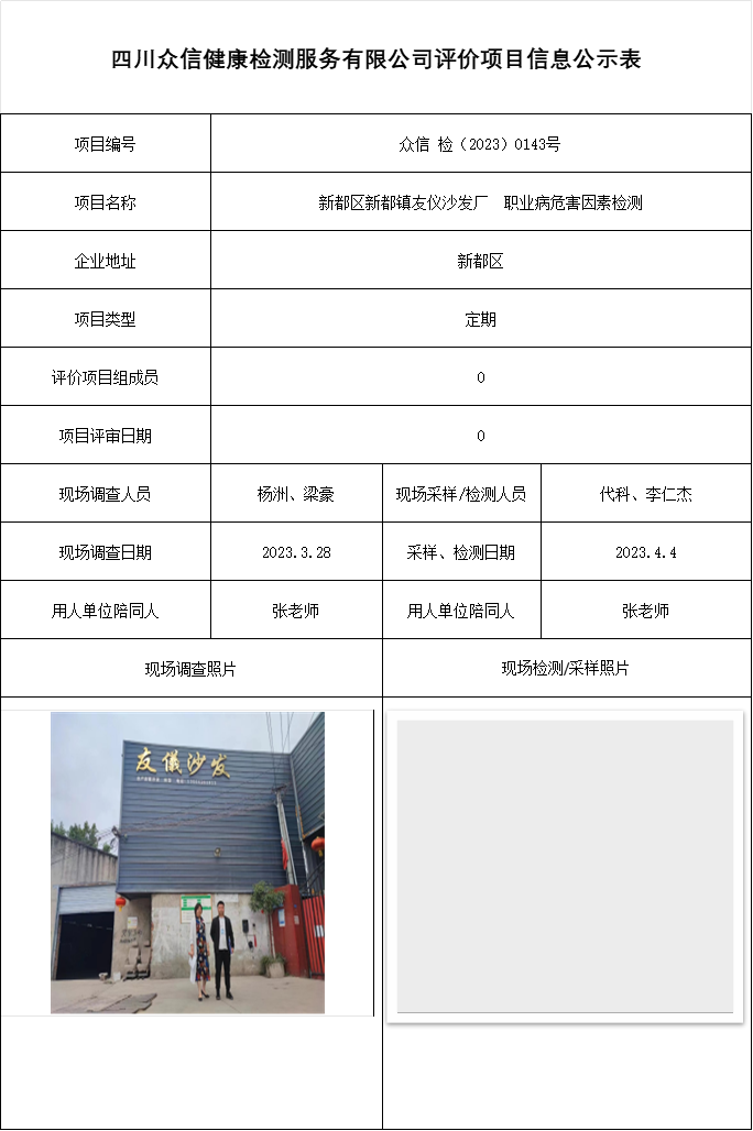 新都区新都镇友仪沙发厂  职业病危害因素检测