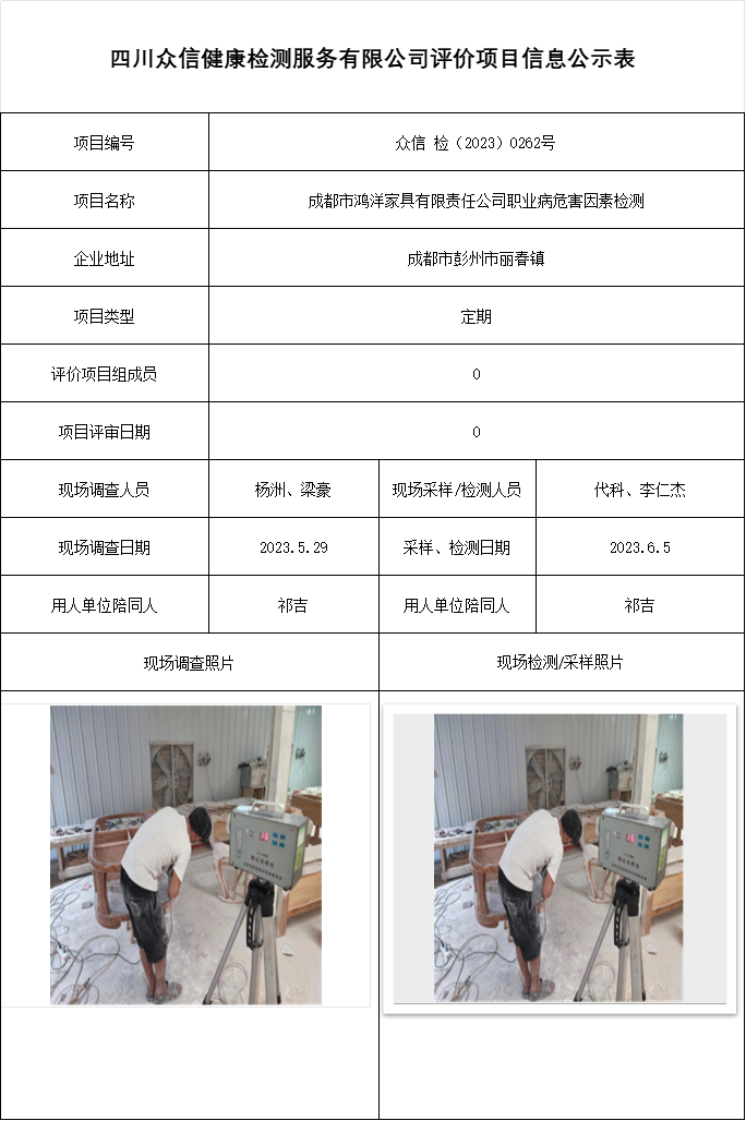 成都市鸿洋家具有限责任公司职业病危害因素检测
